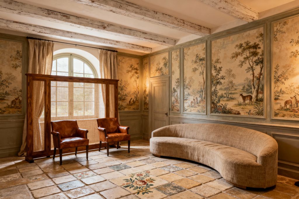 French Country media room with hand-painted pastoral wall panels set in sage-green boiserie. A generous arched window with linen curtains is screened by a wooden cane divider. A curved, wheat-colored upholstered sofa sits opposite two caramel leather armchairs on aged limestone tiles, including a floral inlay at center. Whitewashed ceiling beams and a warm wall sconce add soft light, creating a calm, rustic yet elegant atmosphere for relaxed viewing.