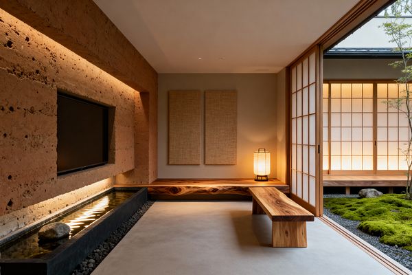 A minimalist media room in Japanese Zen style features a rammed earth wall with a recessed TV above a narrow indoor reflecting pool illuminated from beneath and edged with black stone and pebbles. A live-edge wood bench, woven acoustic panels, and a glowing washi lantern face sliding shoji doors that open to a moss garden, filling the space with warm, diffused light.