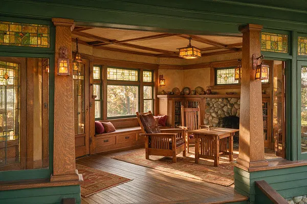A Craftsman-style front porch with exposed wood beams, thick square columns, and green-trimmed windows with stained-glass transoms. The space includes a built-in bench, wooden chairs and tables, a stone fireplace, and warm lantern lighting over patterned rugs.