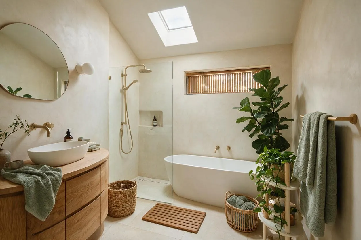 A serene master bathroom with a curved wood vanity, round mirror, vessel sink, and brass faucet on the left. The room includes a freestanding white bathtub, glass shower enclosure, skylight, woven baskets, leafy potted plants, and soft green towels, creating a calm biophilic atmosphere.