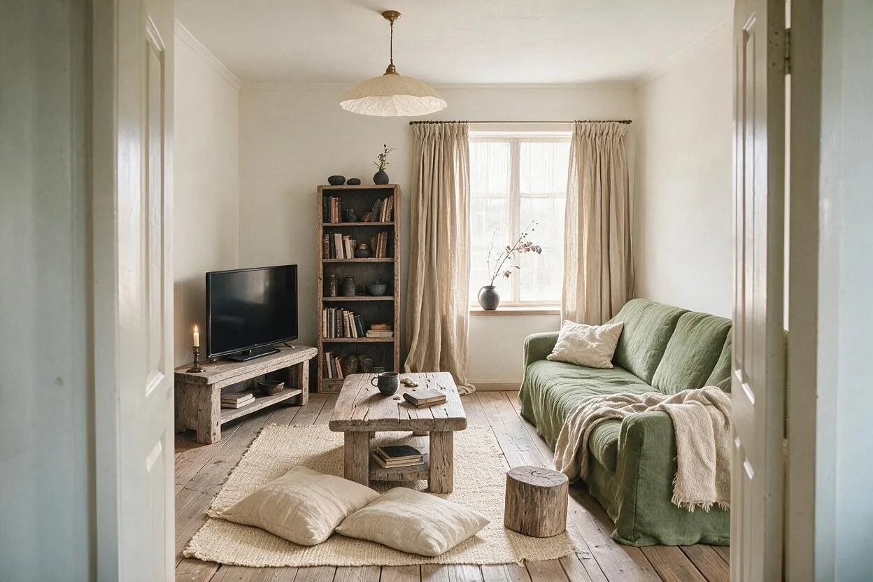 The same Wabi-Sabi living room in the Stone and Moss palette: pale stone, moss, weathered oak, oatmeal, and faded black