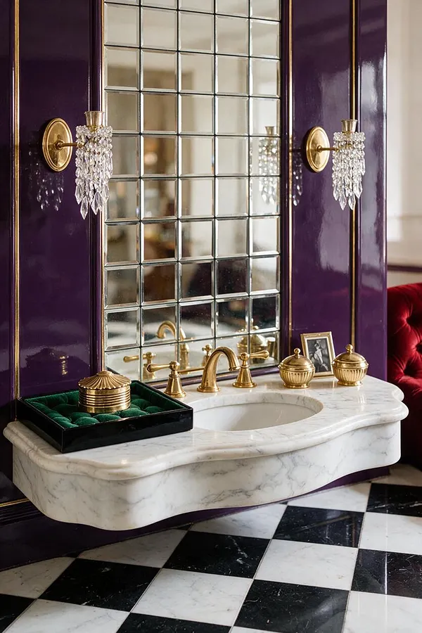 A Hollywood Regency bathroom vignette with glossy deep purple walls, a large mirrored grid backsplash, and crystal wall sconces with gold mounts. A sculptural white marble vanity with brass faucet and accessories sits above a black-and-white checkered floor.