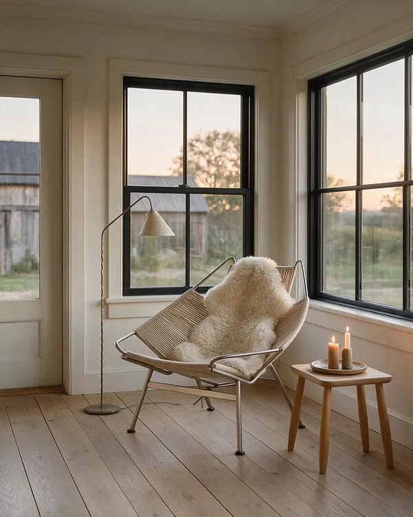 A serene Scandinavian-style front porch with black-framed windows, pale wood floors, and cream walls. A woven lounge chair with a fluffy shearling throw sits beside a small wooden stool holding two lit candles and a slender floor lamp, creating a warm, minimalist nook.