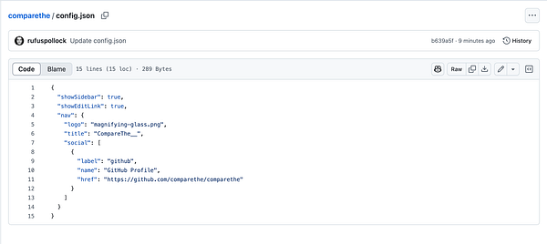The image displays a code snippet from a GitHub repository's config.json file.