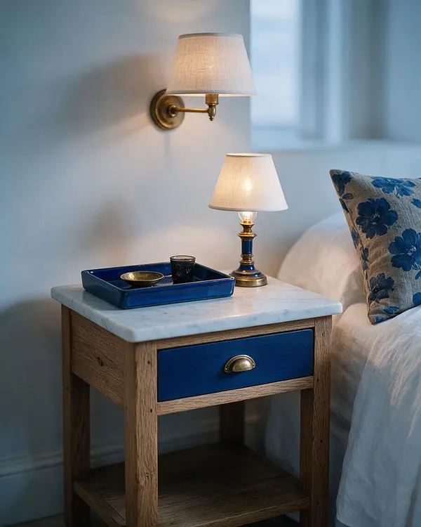A cozy bedroom vignette shows a wooden nightstand with a white marble top, a deep blue drawer, and an open lower shelf. A small brass-and-blue table lamp and a wall sconce with cream shades cast a warm glow, while a white bed with a blue floral pillow sits to the right.