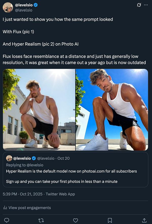 The image features a side-by-side comparison of two photos showcasing different AI-generated styles: Flux and Hyper Realism.