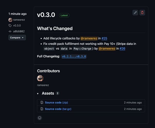 Screenshot of a GitHub release page for version 0.3.0 of usage_credits, highlighting release notes and assets for download.