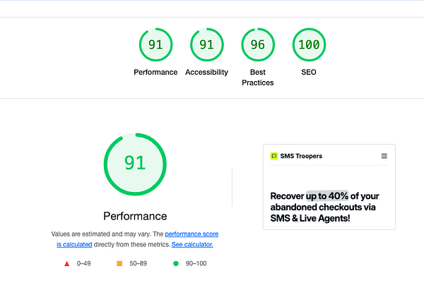 The image displays a Lighthouse score report highlighting various performance metrics.
