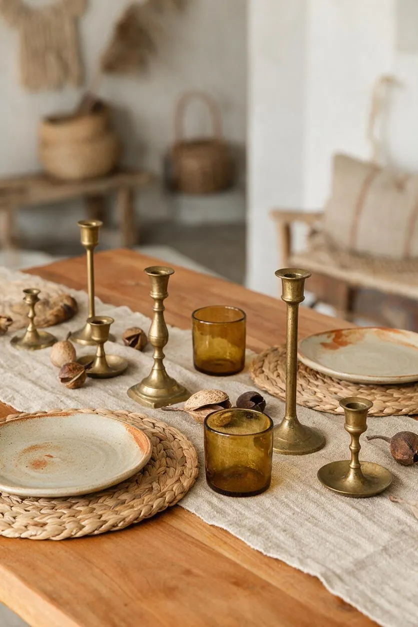 A bohemian dining table is styled with a natural linen runner, woven placemats, cream ceramic plates with warm terracotta edging, amber glass tumblers, and assorted brass candlesticks. The background is softly blurred with rustic woven baskets and a bench, creating a cozy earthy atmosphere.