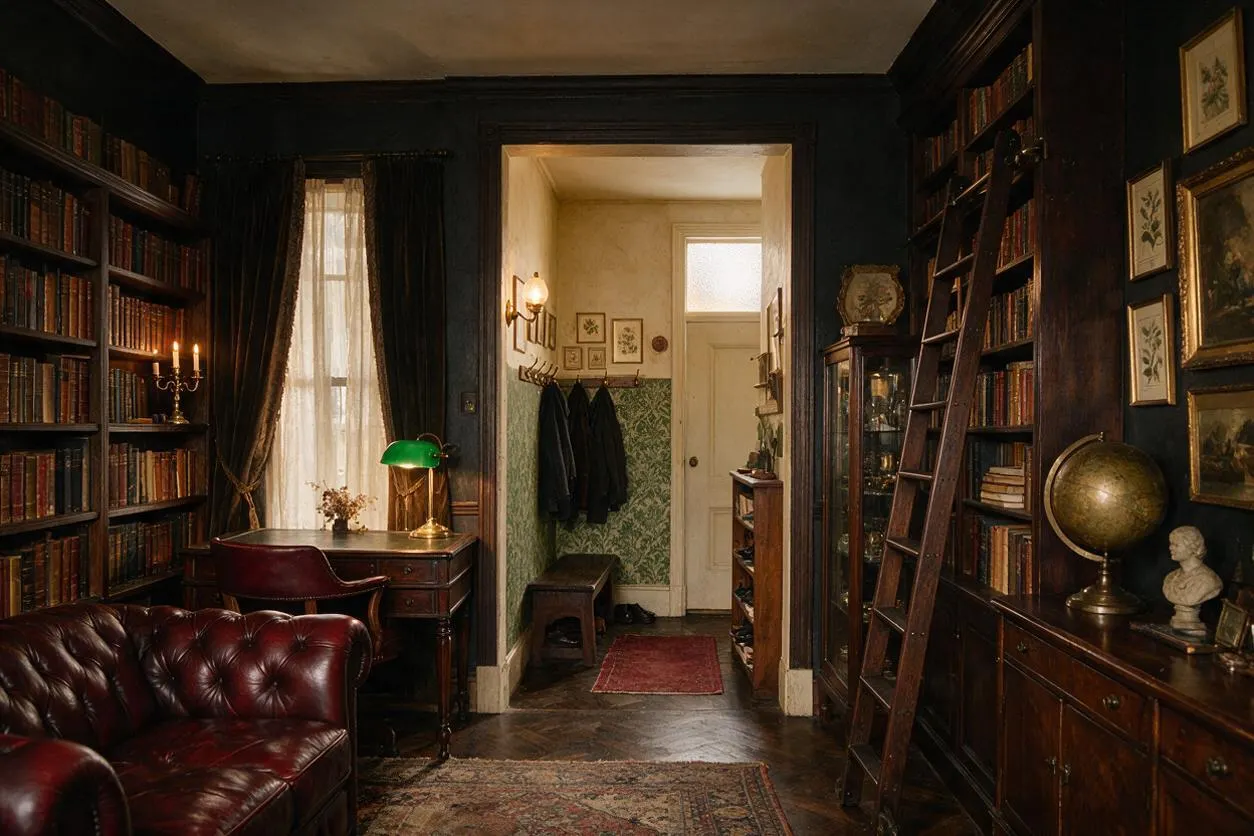 A moody entryway framed by dark walls and built-in bookshelves packed with old books. A wooden ladder leans against the right shelf, while a leather sofa, antique desk, green banker’s lamp, framed art, and vintage globe add scholarly character.
