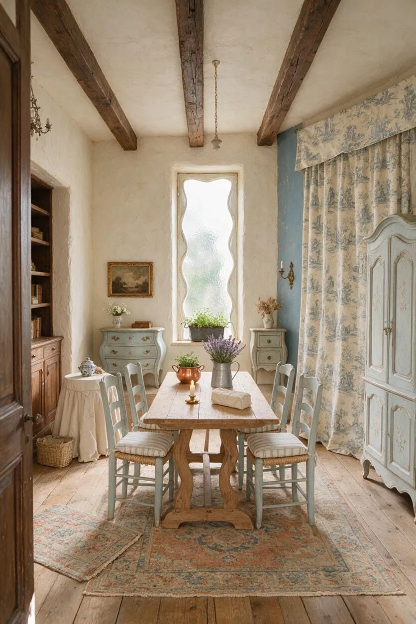 A French Country game room with exposed wood ceiling beams, plaster walls, and a tall frosted window centered behind a rustic wooden table. Painted vintage chairs, distressed blue and cream furniture, floral drapery, and patterned rugs create a soft, lived-in look.