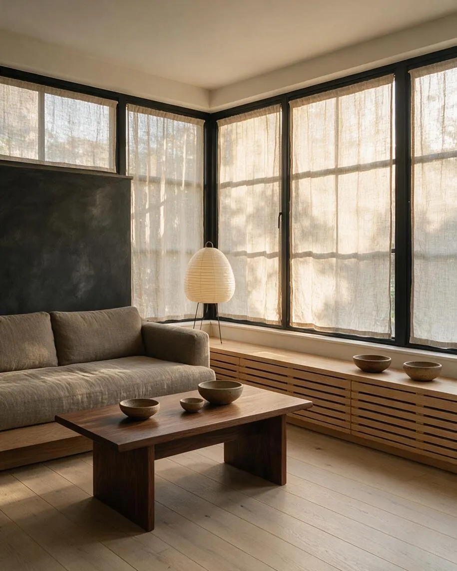 A serene Japandi sunroom with large black-framed windows covered in sheer beige curtains, a low neutral sofa, and a dark wood coffee table. Natural light filters softly through the room, highlighting a wood slatted bench, simple ceramic bowls, and a paper lantern floor lamp.