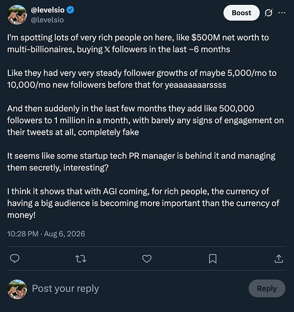 A cartoon depicting a billionaire in a lavish setting buying social media followers from a villainous figure, illustrating the idea of wealthy individuals preparing for fame in a post-AGI world.