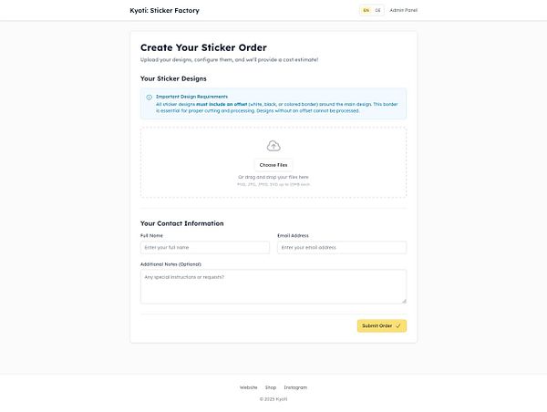 The image displays a web interface for creating a sticker order on the Kyoti Sticker Factory platform.