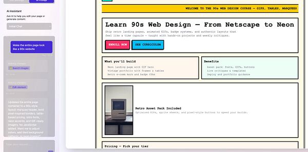 The image displays a retro-themed web design course interface reminiscent of 90s web aesthetics.