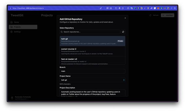 The image displays a user interface for adding a GitHub repository to a project management tool called TweetGit.