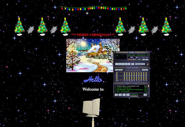 A festive digital scene featuring a winter landscape, Christmas decorations, and a media player interface.