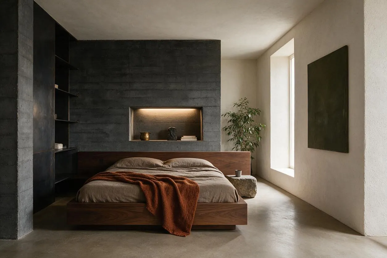 A minimalist guest bedroom in Brutalist style features a low wooden platform bed centered against a dark textured concrete wall with a recessed lit shelf. Soft beige bedding and a rust-colored throw add warmth, while built-in dark shelving, a narrow vertical window, and a simple wall artwork keep the room spare and sculptural.