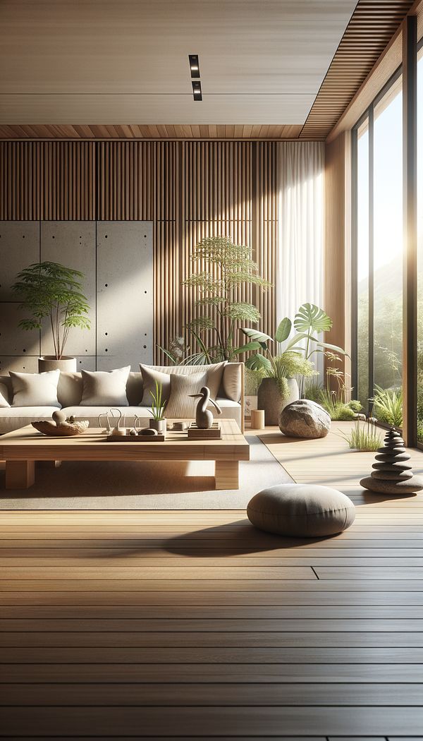 A minimalist living room featuring natural materials, such as a wooden coffee table, stone accents, and indoor plants, with sunlight streaming through large windows, embodying the principles of Zen Design.