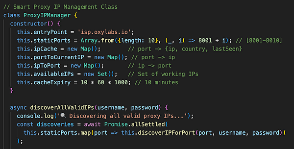 The image displays a code snippet for a Smart Proxy IP Management Class in JavaScript.