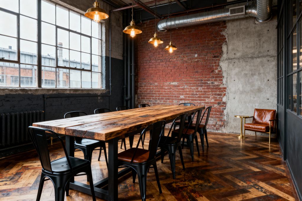 A spacious industrial dining room features a long reclaimed wood table with black metal legs, surrounded by matte black metal chairs. A caramel leather lounge chair sits beside a brass side table, while exposed red brick and raw concrete walls, steel-framed factory windows, visible ductwork, and a herringbone wood floor define the space, lit by brass dome pendants with Edison bulbs that cast a warm amber glow.