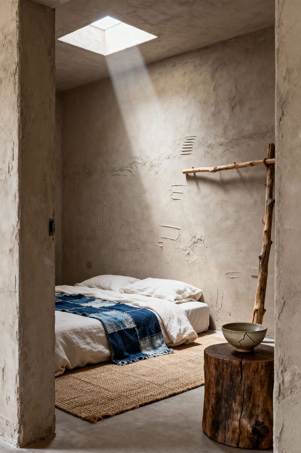A small minimalist bedroom with raw, textured plaster walls and a square skylight that sends a beam of daylight onto a low bed. The bed, dressed in off-white linen with a blue indigo patchwork throw, sits on a natural jute rug over a smooth concrete floor; a rustic log stump serves as a nightstand with a cracked ceramic bowl, and a simple branch fixed to the wall functions as a rail, emphasizing natural materials and deliberate imperfections.
