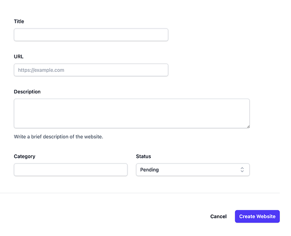 A web form for creating a new website entry with various input fields.