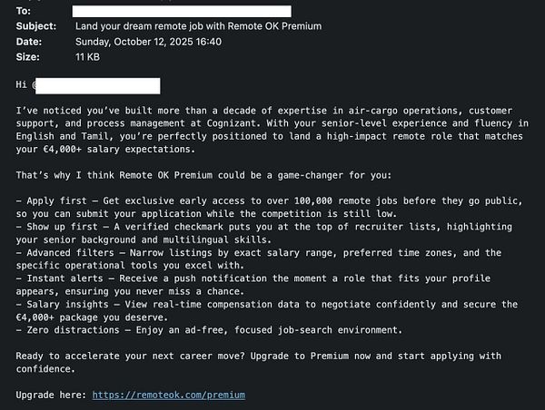The image displays an email promoting Remote OK Premium services for job seekers.