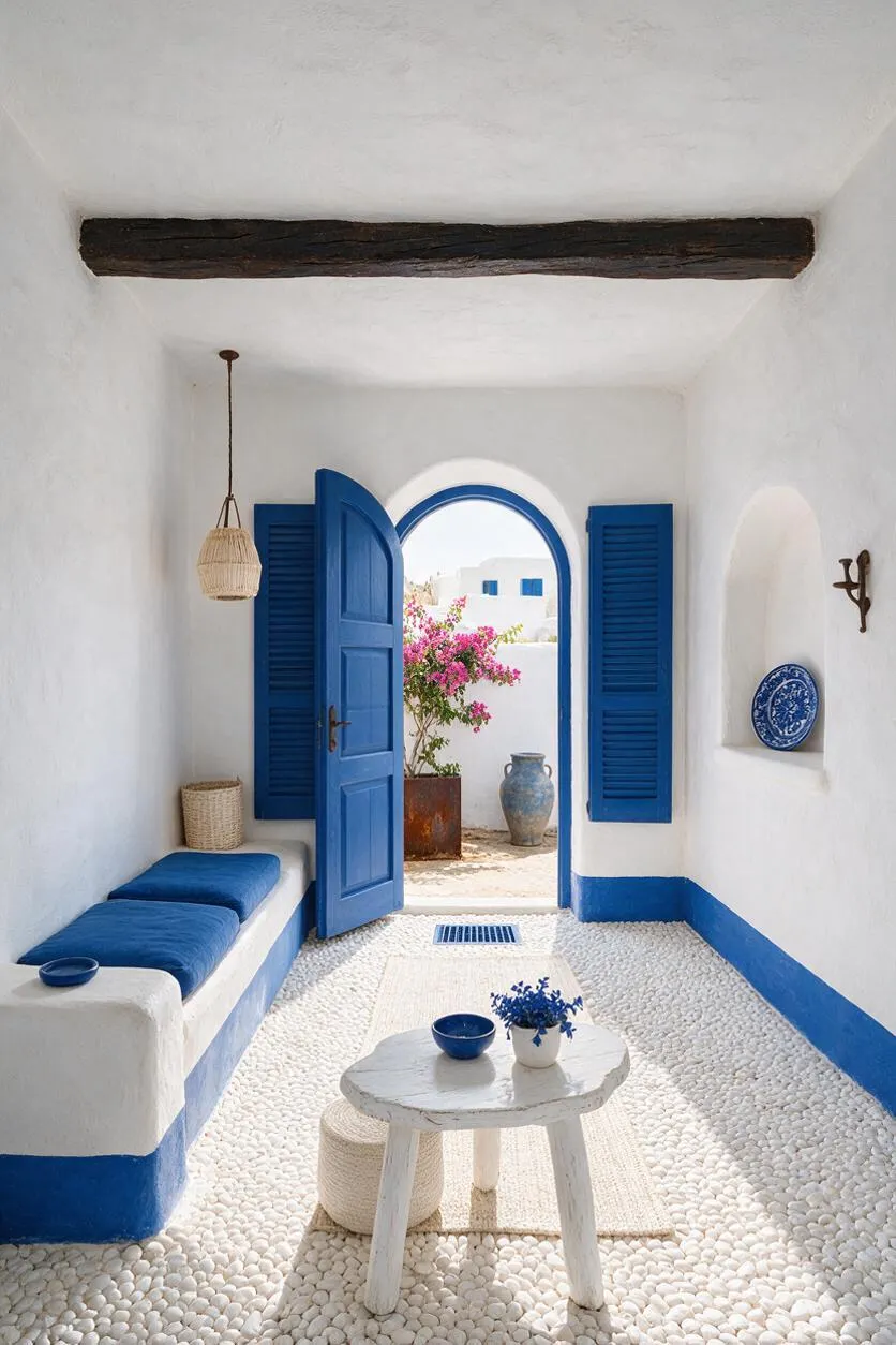 A small Mediterranean-style backyard seating area with white stucco walls, a blue arched doorway, matching blue shutters, and a pebble floor. A rustic wooden beam crosses the ceiling, while a simple white table, woven stool, and blue cushions create a calm, sunlit outdoor retreat.