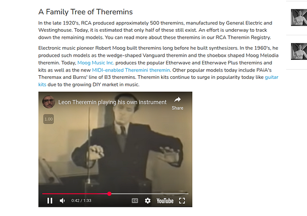 The image features a video player showcasing Leon Theremin playing his own instrument, alongside a detailed text about the history of theremins.