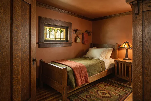 A compact Craftsman-style guest bedroom with a dark wood bed, green bedding, and a rust-colored throw blanket. The room features warm brown walls, a small stained-glass window, a wooden nightstand with a glowing amber table lamp, and a patterned area rug.
