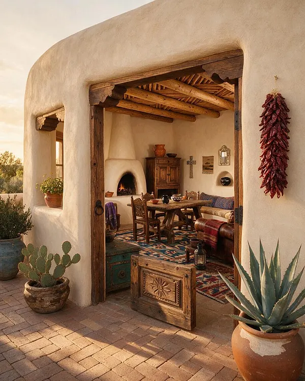 A Southwestern-style adobe outdoor room with smooth rounded stucco walls, exposed wooden beams, and a rustic wood doorway. Inside are a kiva-style fireplace, carved wood furniture, patterned textiles, and clay pots, with potted cactus and agave placed around the brick courtyard.