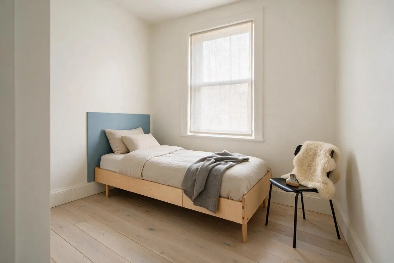 A minimalist Scandinavian guest bedroom with a single bed made of pale wood and a blue upholstered headboard. The room has white walls, a light wood floor, a sheer-covered window, and a black side chair topped with a fluffy cream throw.