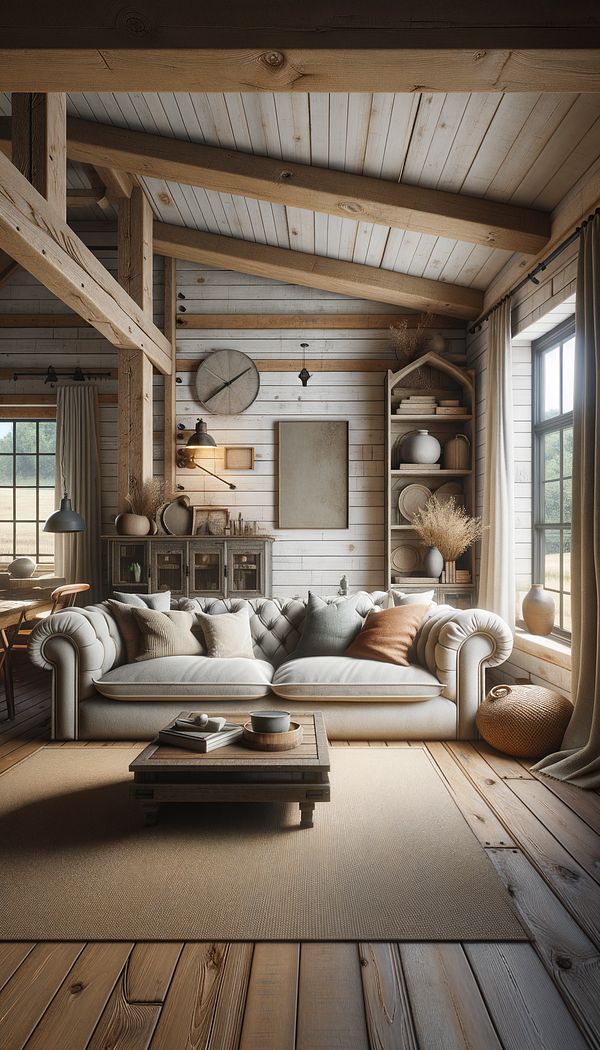 A cozy living room featuring a large, comfortable sofa, exposed wood beams, and shiplap walls, decorated with a mix of rustic and modern elements.