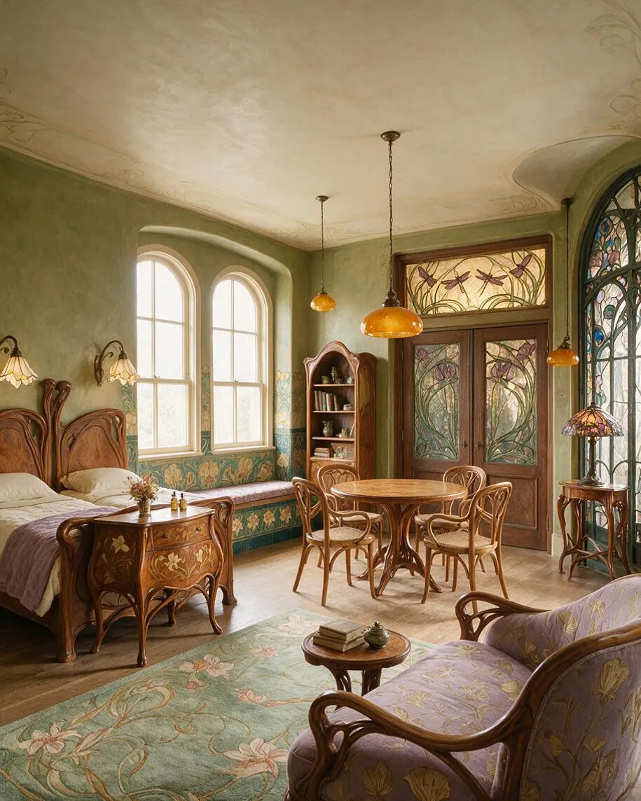 A warmly lit kids' room in Art Nouveau style with carved wooden bed, curved chairs, and a round table at the center. Soft green walls, stained-glass details, amber pendant lights, and floral motifs on the rug, wallpaper, and furniture create an ornate, storybook atmosphere.