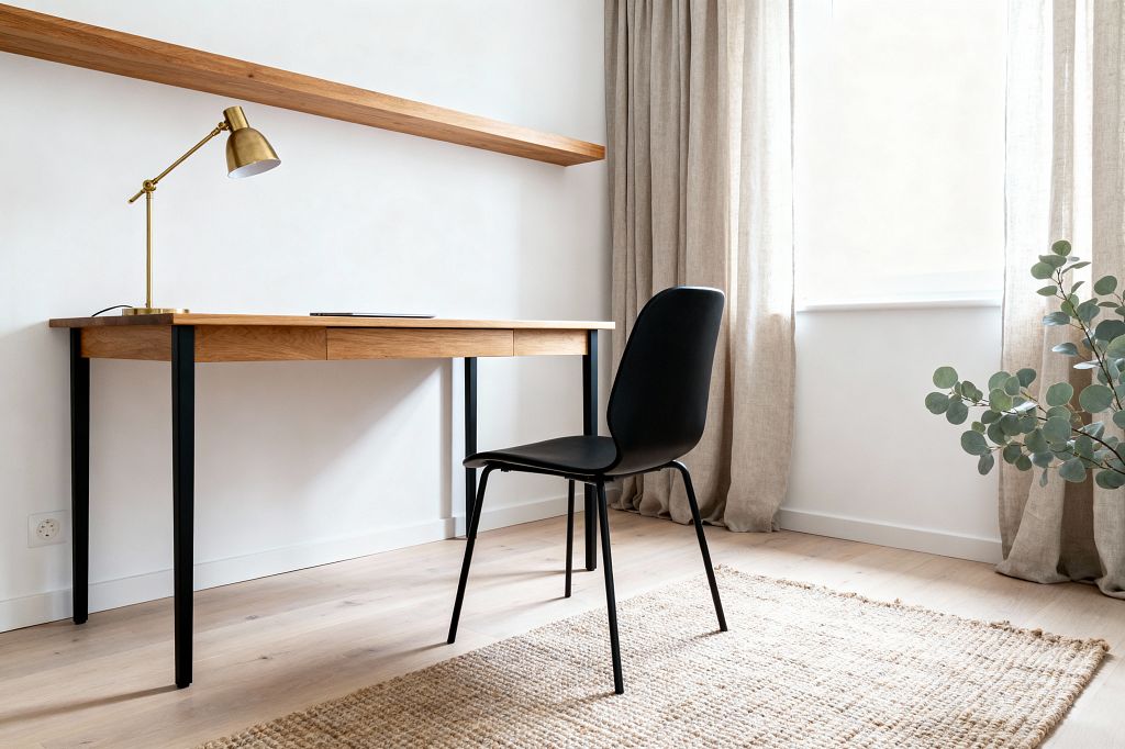 Minimalist Scandinavian home office with a slim light-oak desk on black metal legs, topped with a brass adjustable task lamp and a closed laptop. A matching floating wood shelf runs along the white wall, opposite a matte black chair on slender legs. Natural light pours through a large window with beige linen curtains, illuminating a pale oak floor and a chunky woven jute rug. A eucalyptus branch adds greenery in the corner.