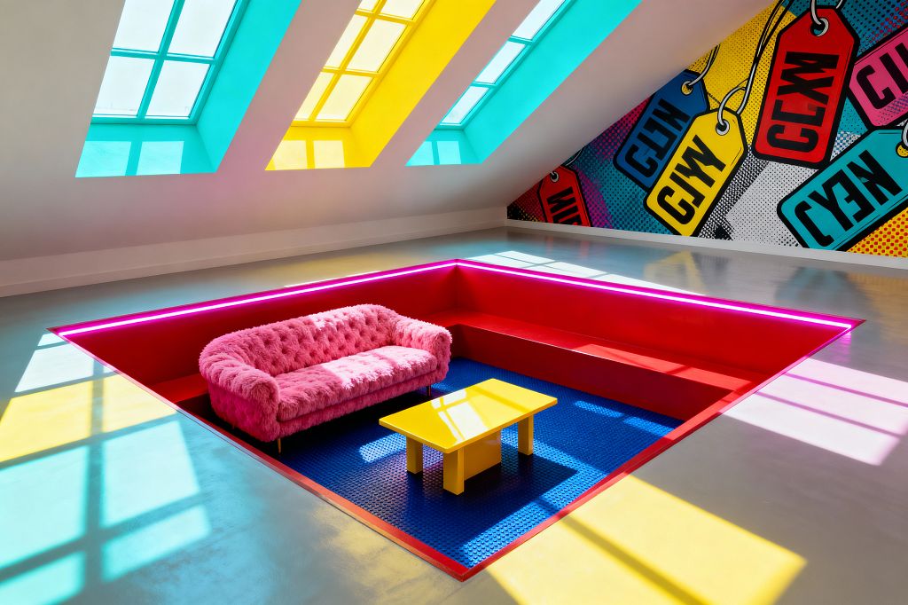 A loft living room with a sunken conversation pit features a red built-in bench edged in neon-pink LED, a pink faux-fur tufted sofa, and a glossy yellow coffee table on blue studded rubber flooring. Overhead, cyan and yellow skylights cast colored shadows, while a comic-style CMYK tag mural fills the triangular wall; the surrounding floor is polished concrete.