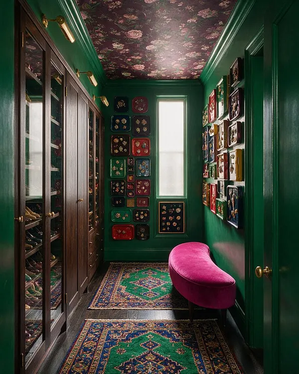 A narrow maximalist closet with deep green walls, a dark floral wallpapered ceiling, and dark wood glass-front wardrobes on the left. The space is filled with decorative trays or framed display pieces on the walls, patterned rugs on the floor, a vivid pink velvet bench, and brass lighting and door hardware.
