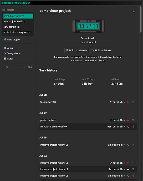 The image displays a task history user interface for a bomb timer project, featuring a countdown timer and a list of completed tasks.