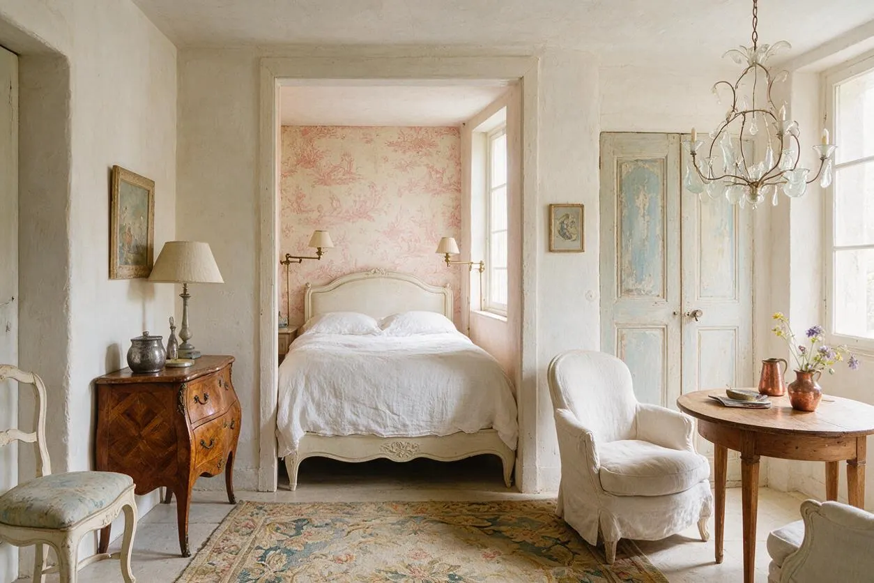 A cozy studio apartment in French Country style with a small sleeping nook centered in an open room. The space features a carved cream bed, pale floral wallpaper, distressed painted doors, a crystal chandelier, antique wood furniture, upholstered seating, and a muted floral rug in soft cream, blue, and blush tones.