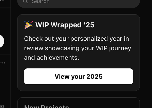 A homepage web design for a promo called WIP Wrapped featuring a central pink and black graphic and navigation elements.