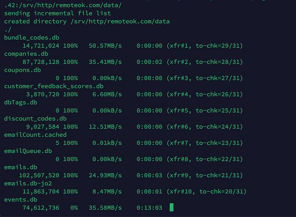 The image displays a terminal interface showing the progress of transferring database files from Linode to Hetzner.