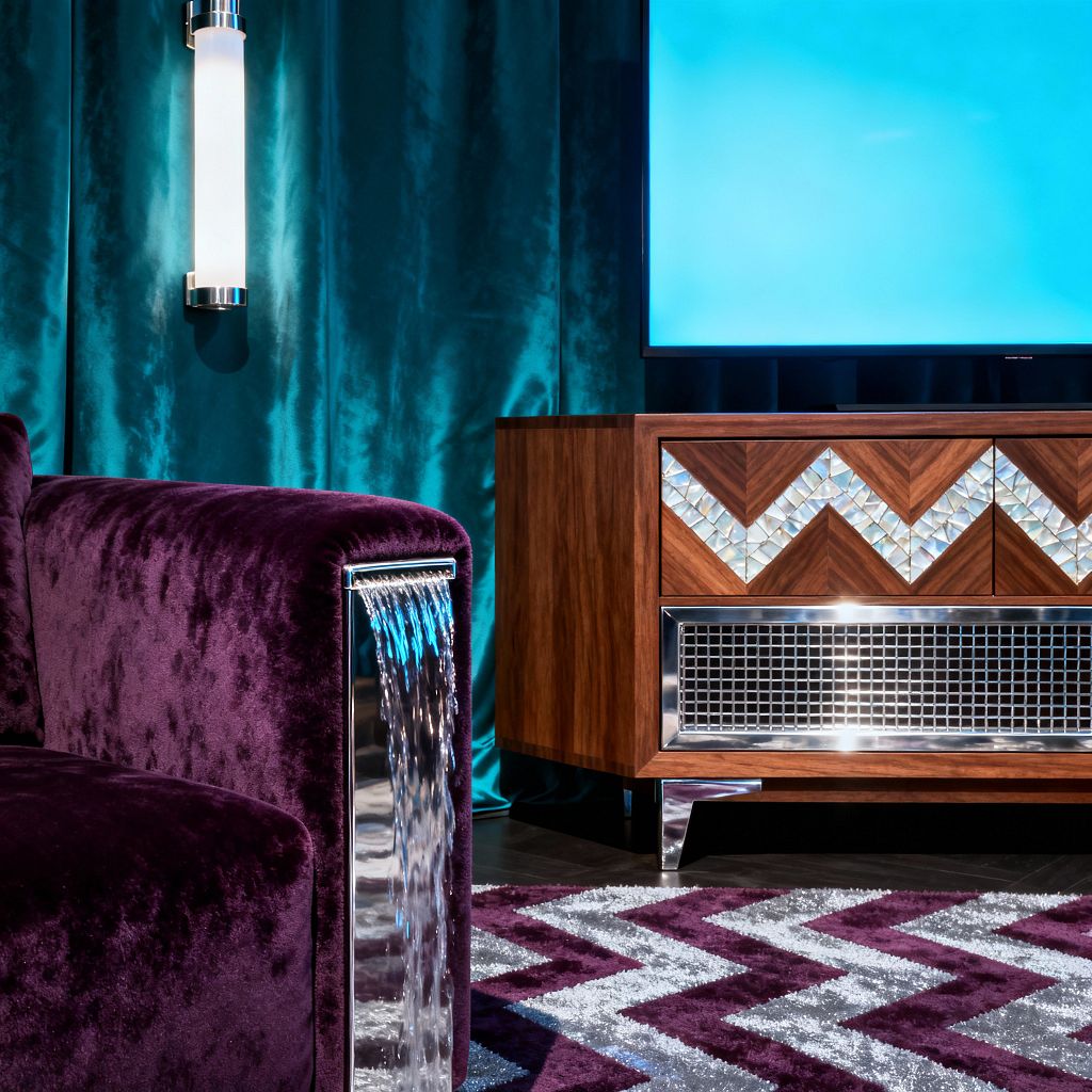 A close-up of a glamorous media room shows a deep plum velvet sofa with a polished chrome waterfall-style arm beside teal velvet drapery. A walnut-toned media console features chevron veneer panels with mirrored glass inlay and a chrome mesh grille, supporting a flat-screen TV with a blue display. A frosted cylindrical wall sconce with chrome caps provides soft light, and a purple-and-silver chevron rug spans the dark floor.