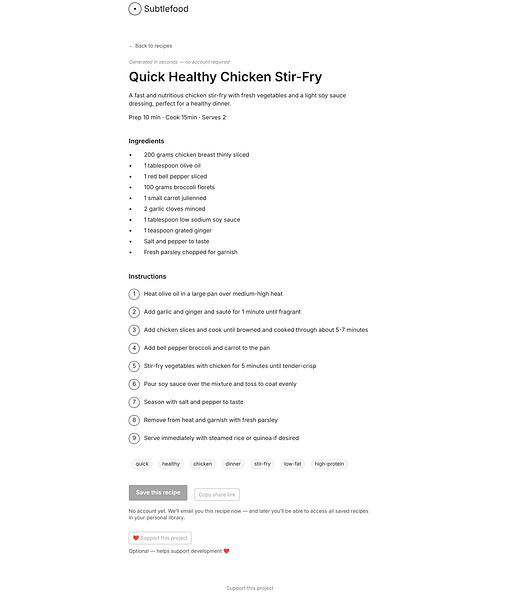 Subtlefood: Simple, fast AI recipes — without the clutter | BetaList