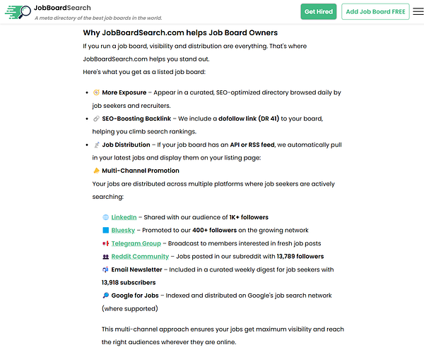 The image displays a webpage from JobBoardSearch.com outlining the benefits for job board owners.