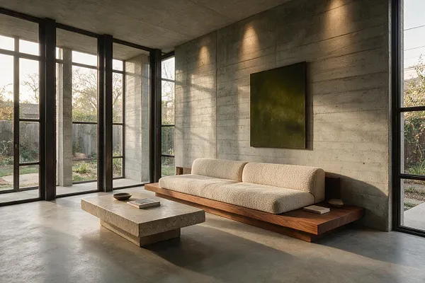A sunroom with exposed concrete walls and ceiling, floor-to-ceiling black-framed glass doors and windows, a low wood platform sofa with a cream textured cushion, and a monolithic stone coffee table. Soft daylight enters from multiple sides, highlighting the minimal Brutalist geometry and warm natural materials.