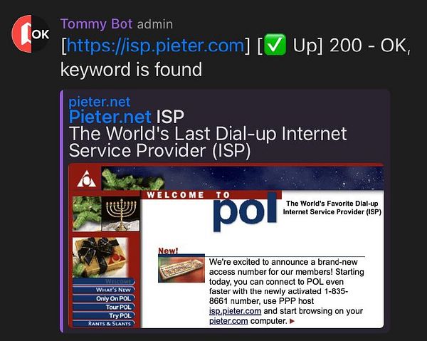 The image displays a screenshot of a web page for Pieter.net ISP, indicating its status and features.