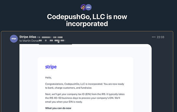 The image displays an email notification confirming the incorporation of CodepushGo, LLC.