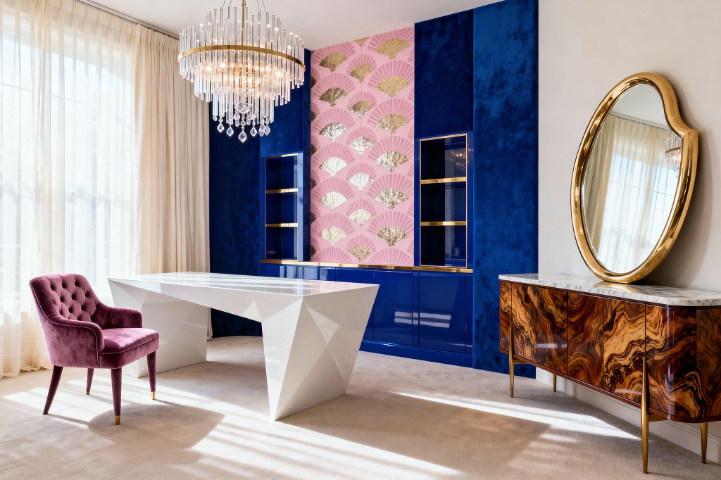 A glamorous home office with a faceted white desk set before cobalt blue built-ins framed by velvet panels and brass-trim shelves. The center features pink wallpaper with metallic gold fan motifs. A mauve tufted velvet chair and a tiered brass-and-crystal chandelier sit over a beige carpet. To the right, a burl-wood credenza with a white marble top is paired with a curvy gold-framed mirror and floor-to-ceiling sheer curtains.