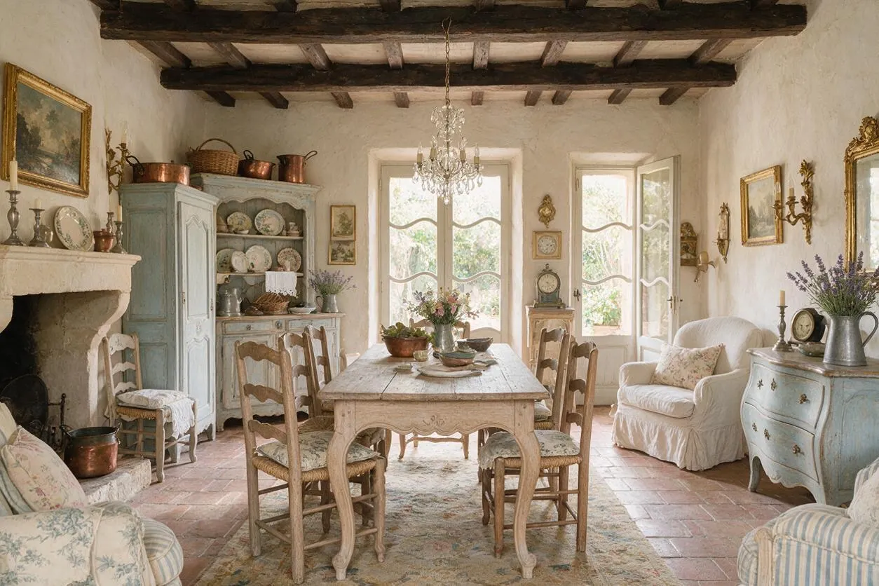 A French Country sunroom with exposed dark wood ceiling beams, terracotta tile flooring, and plaster walls. The room features a distressed farmhouse table with wooden chairs, a pale blue hutch, a fireplace, cushioned seating, and a chandelier centered above the table.